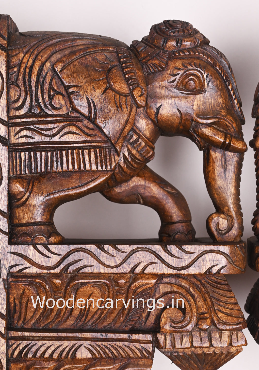Standing Paired Beautiful Elephants Hooks Fixed Fine Finishing Wooden Wall Brackets 16"