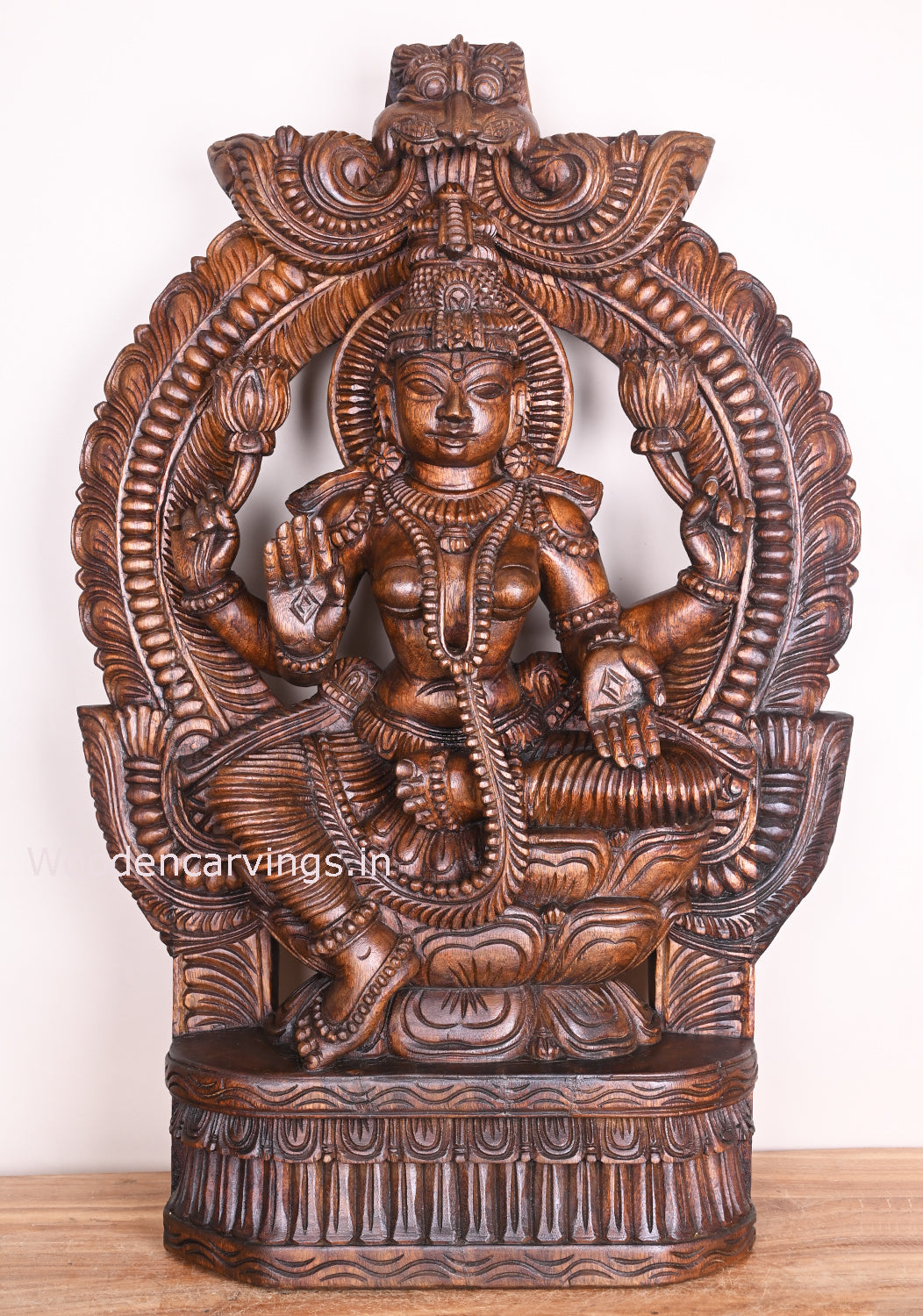 Handcraft Goddess MahaLakshmi on Double Petal Lotus Wax Brown Wooden Sculpture 36"