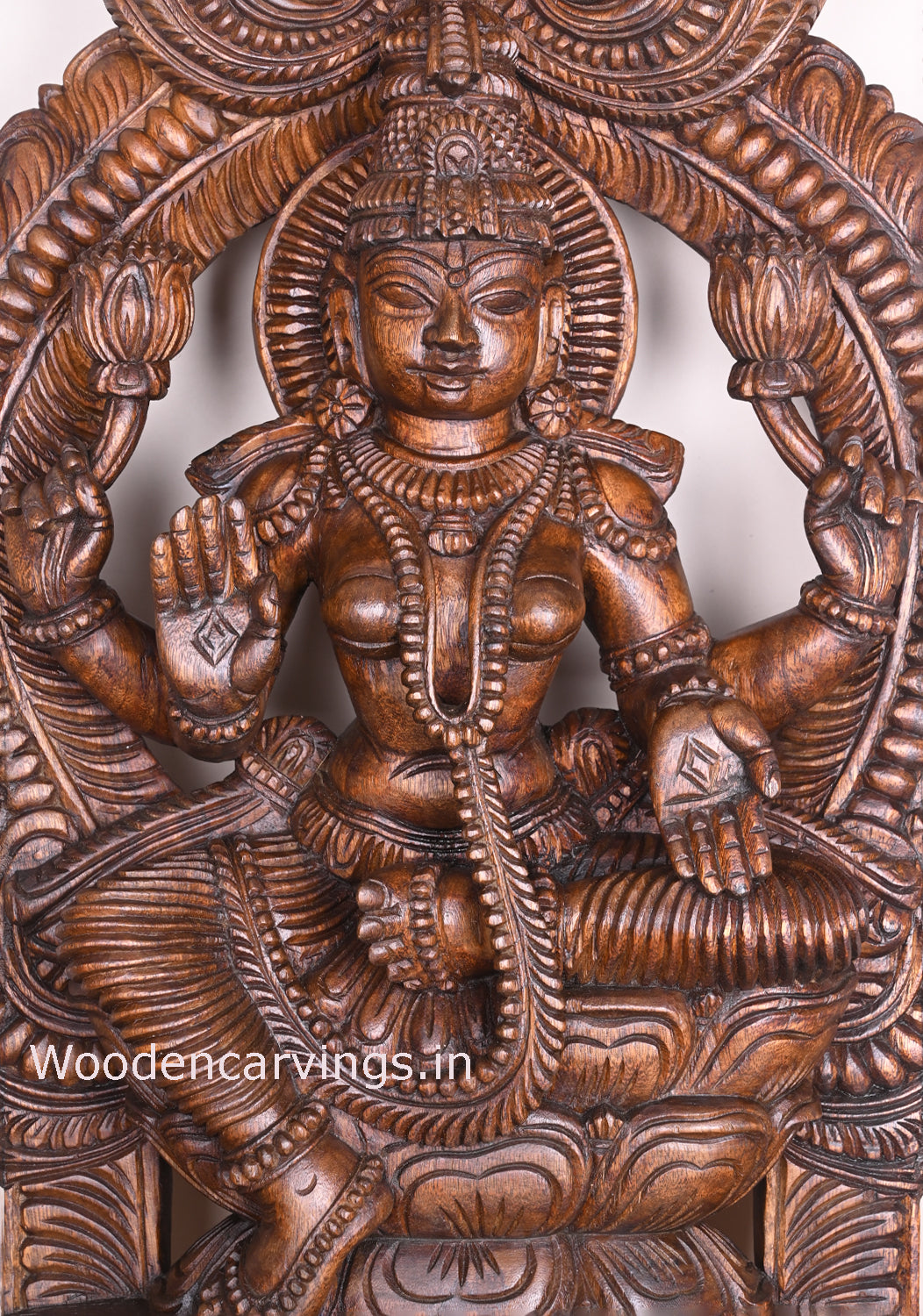 Handcraft Goddess MahaLakshmi on Double Petal Lotus Wax Brown Wooden Sculpture 36"