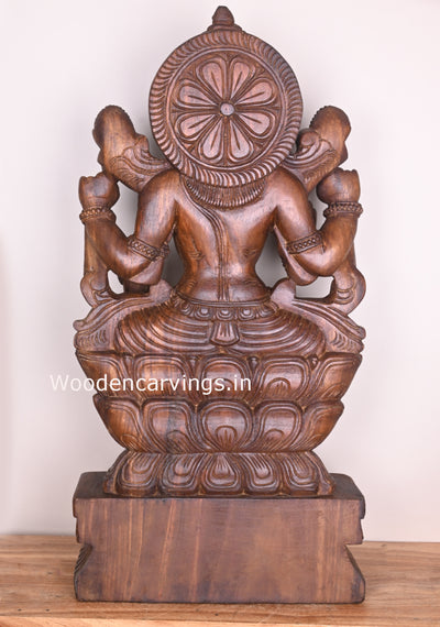 Blessing Goddess Prosperity Maha Lakshmi on Double Petal Lotus Wooden Handmade Sculpture 36"