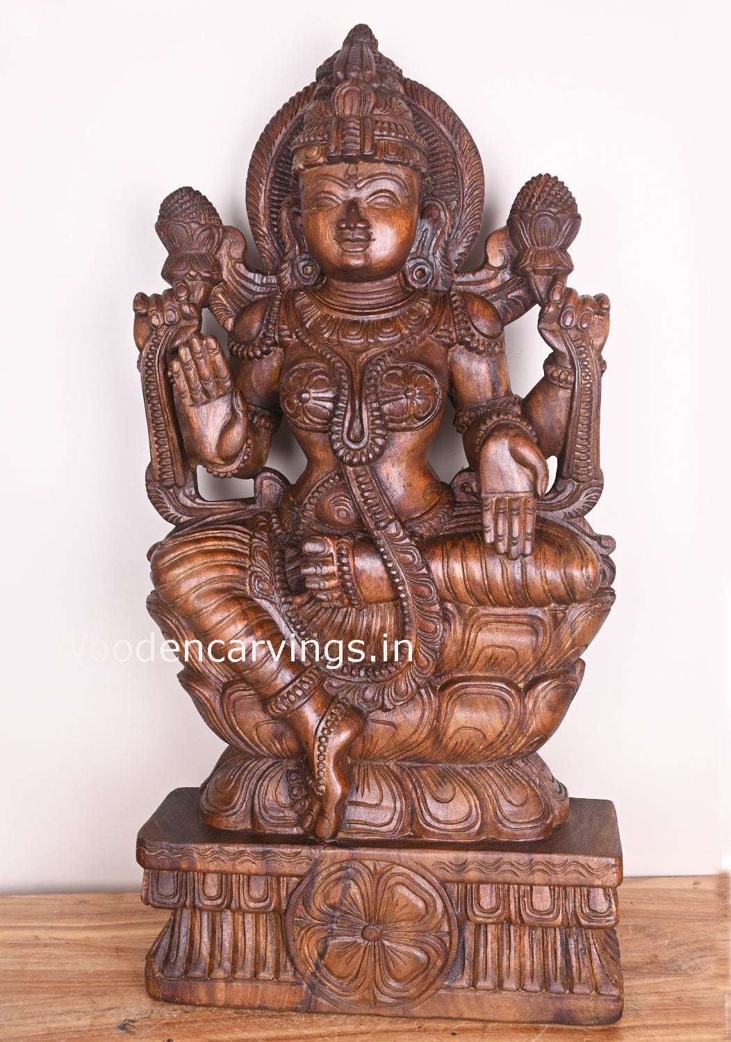Blessing Goddess Prosperity Maha Lakshmi on Double Petal Lotus Wooden Handmade Sculpture 36"