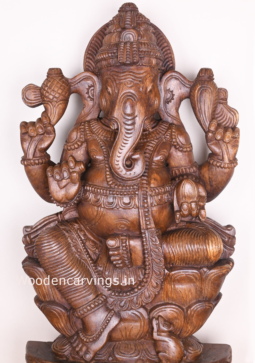 Ganesha Holding Sweet Mango Briskly Seated on Double Petal Lotus Wooden Handmade Sculpture 37"
