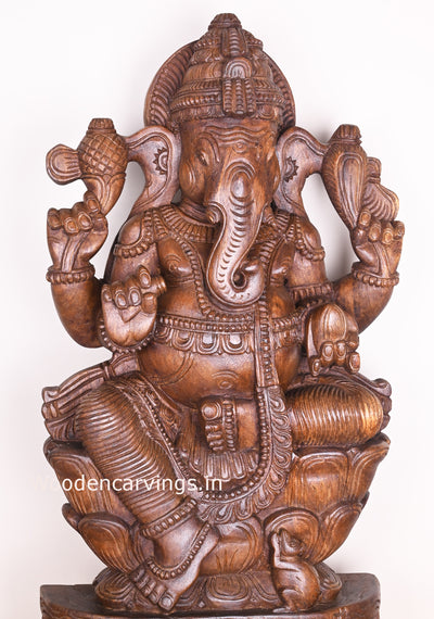 Ganesha Holding Sweet Mango Briskly Seated on Double Petal Lotus Wooden Handmade Sculpture 37"
