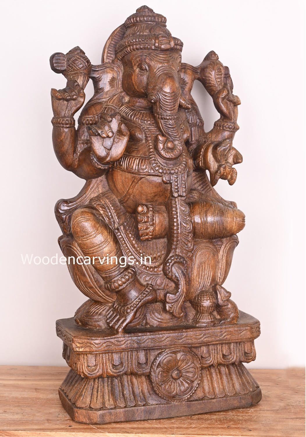 Simply Superb Ganesha Seated on Lotus Holding Ladoo With His Mouse Wooden Handmade Sculpture 24"