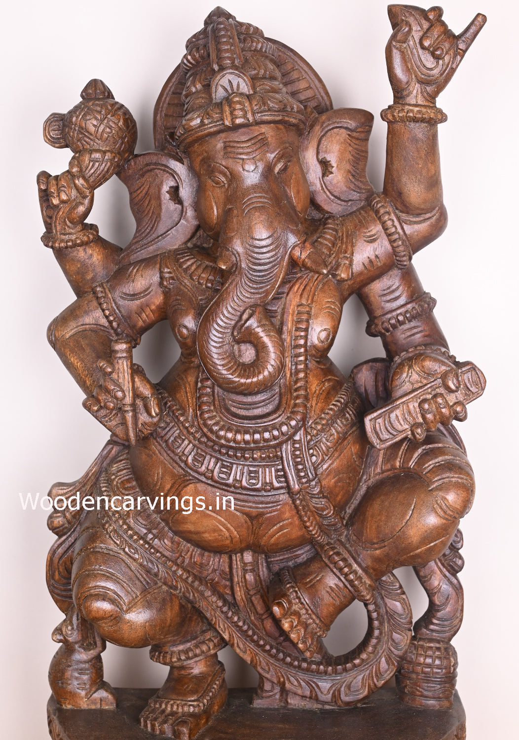 Dancing Lord Ganesha Holding Books, Writing nail, and Sweet Mothak Wooden Handmade Sculpture 35"