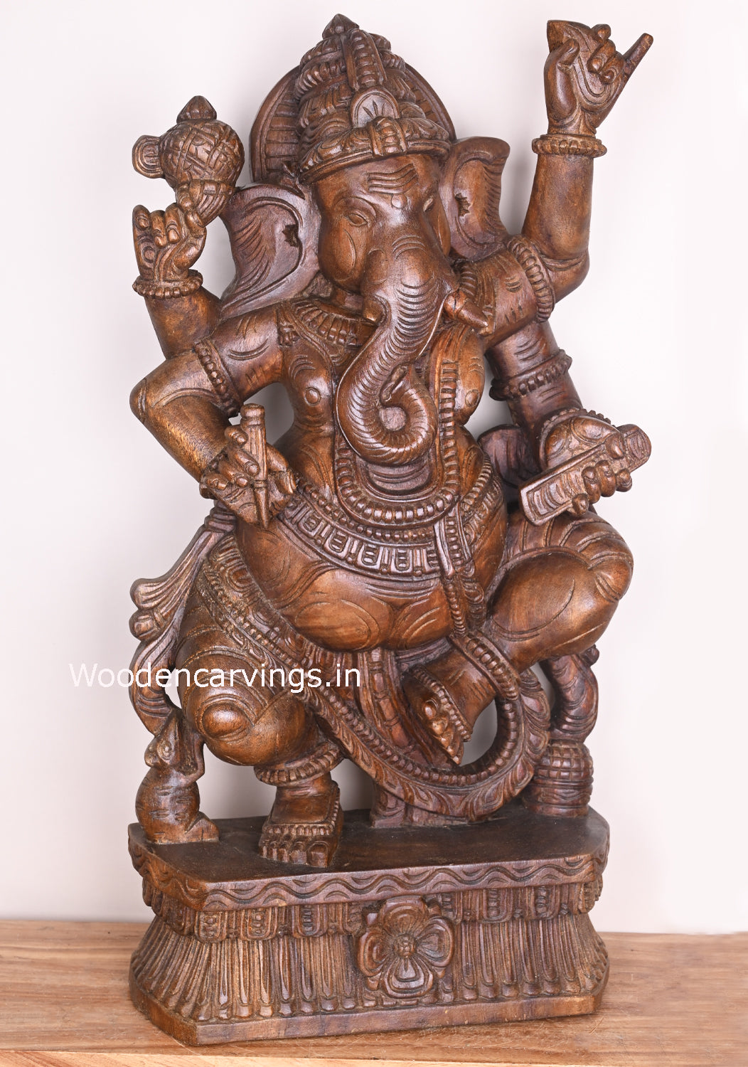 Dancing Lord Ganesha Holding Books, Writing nail, and Sweet Mothak Wooden Handmade Sculpture 35"