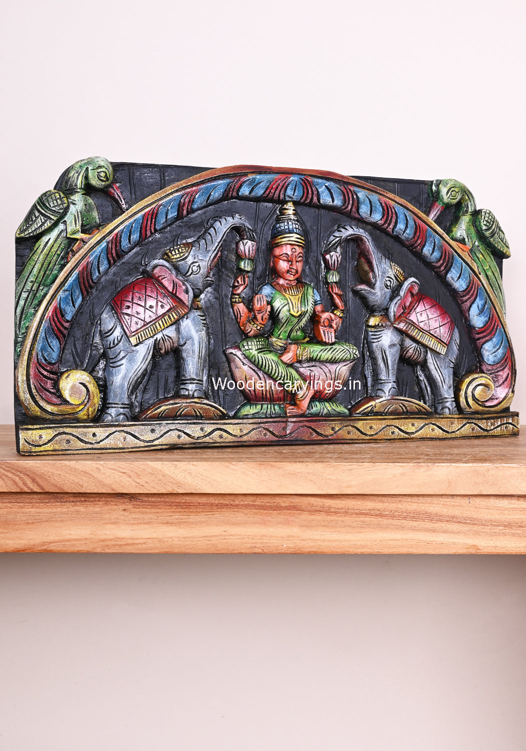 Wooden Gaja Lakshmi Parrot With Petal Design Beautiful Entrance Decor Coloured Wall Panel 24"