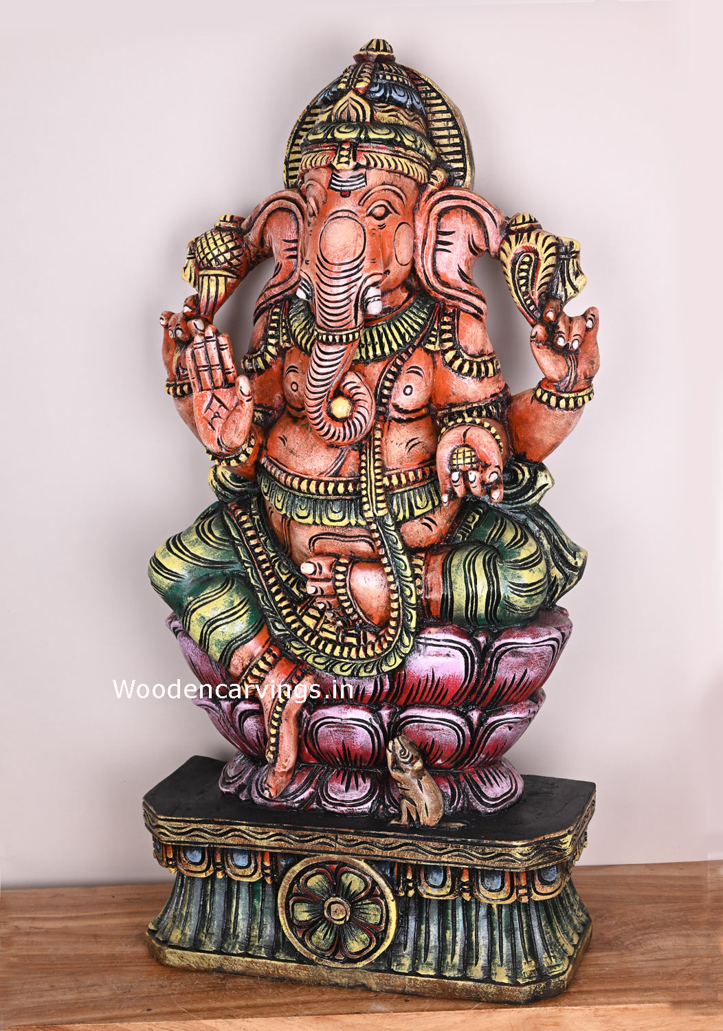 Orange Auspicious Ganesha Moorthy Wooden Handmade Beautiful Showpiece Sculpture 37"