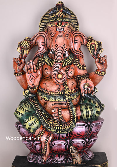 Orange Auspicious Ganesha Moorthy Wooden Handmade Beautiful Showpiece Sculpture 37"