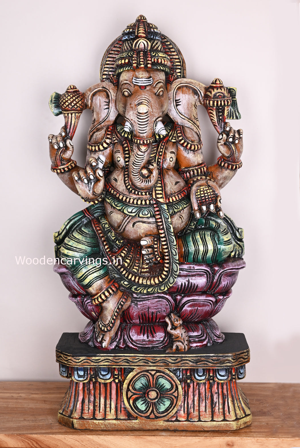 Sitting Stunning Lord Ganesha on Pink Double Petal Flower Lotus Handmade Showpiece Sculpture 38"