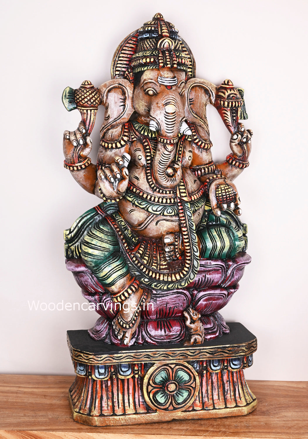Sitting Stunning Lord Ganesha on Pink Double Petal Flower Lotus Handmade Showpiece Sculpture 38"