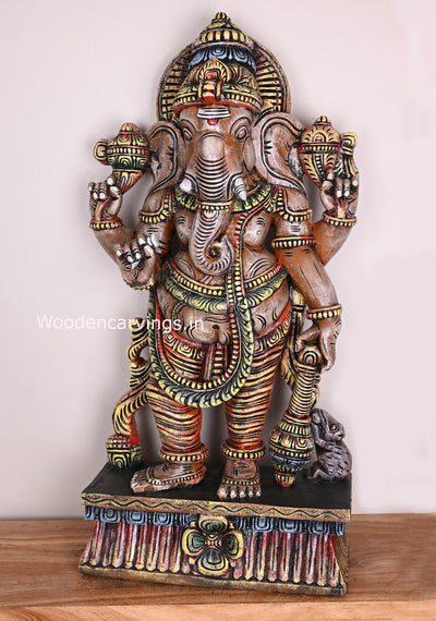 Standing Gadayuth Ganapathi Destroy Bad Evils Coloured Wooden Vaagai Wood Sculpture 37"