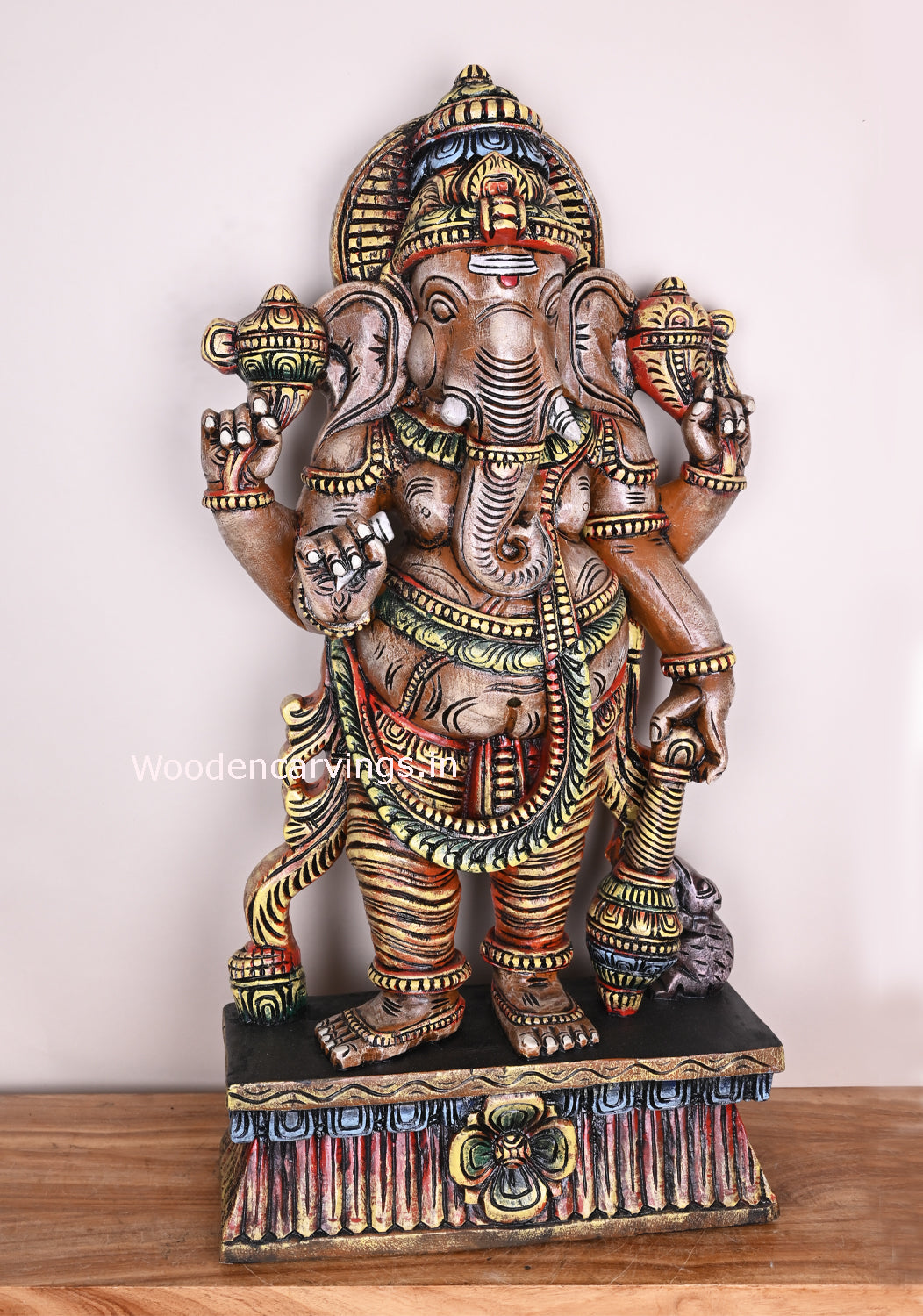 Standing Gadayuth Ganapathi Destroy Bad Evils Coloured Wooden Vaagai Wood Sculpture 37"