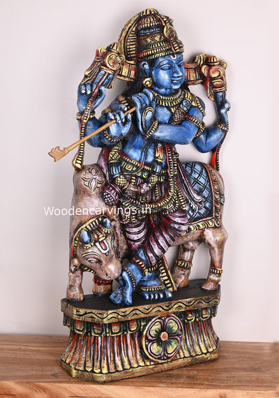 Blueish Beauty Govindha Krishna Standing With Cow and Playing Flute Handmade Sculpture 37"