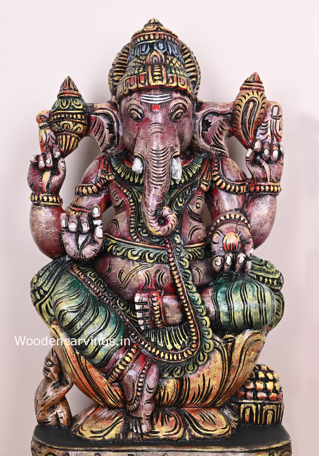 For Your Beautiful Home Entrances Wooden Multicoloured Ganapathi On Yellow Lotus Sculpture 25"
