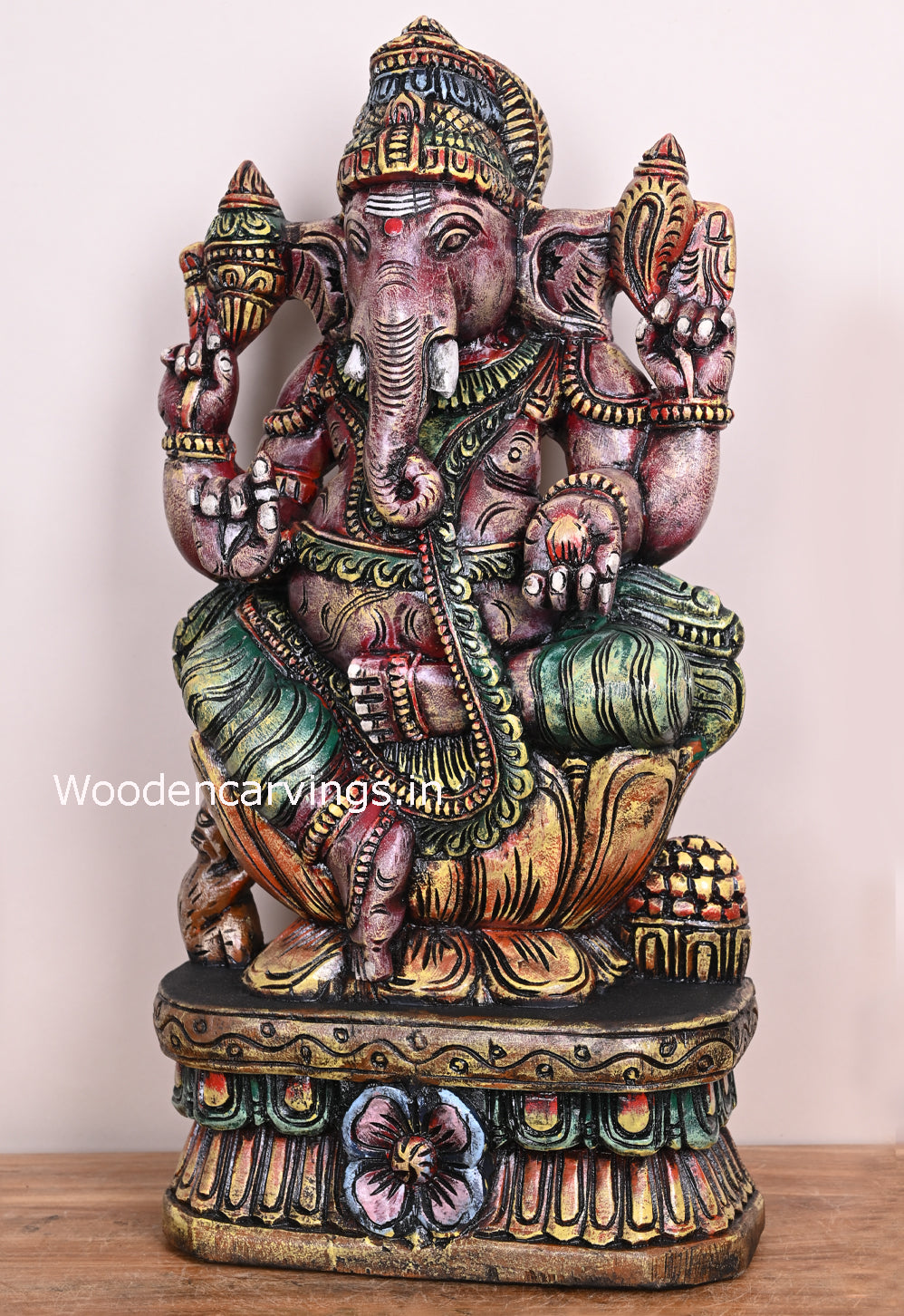 For Your Beautiful Home Entrances Wooden Multicoloured Ganapathi On Yellow Lotus Sculpture 25"