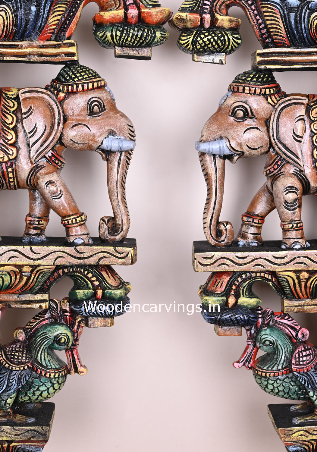Colourful Handmade Lengthy Trunk Standing Paired Elephants on Base With Hamsa Bird Wooden Wall Brackets 24"