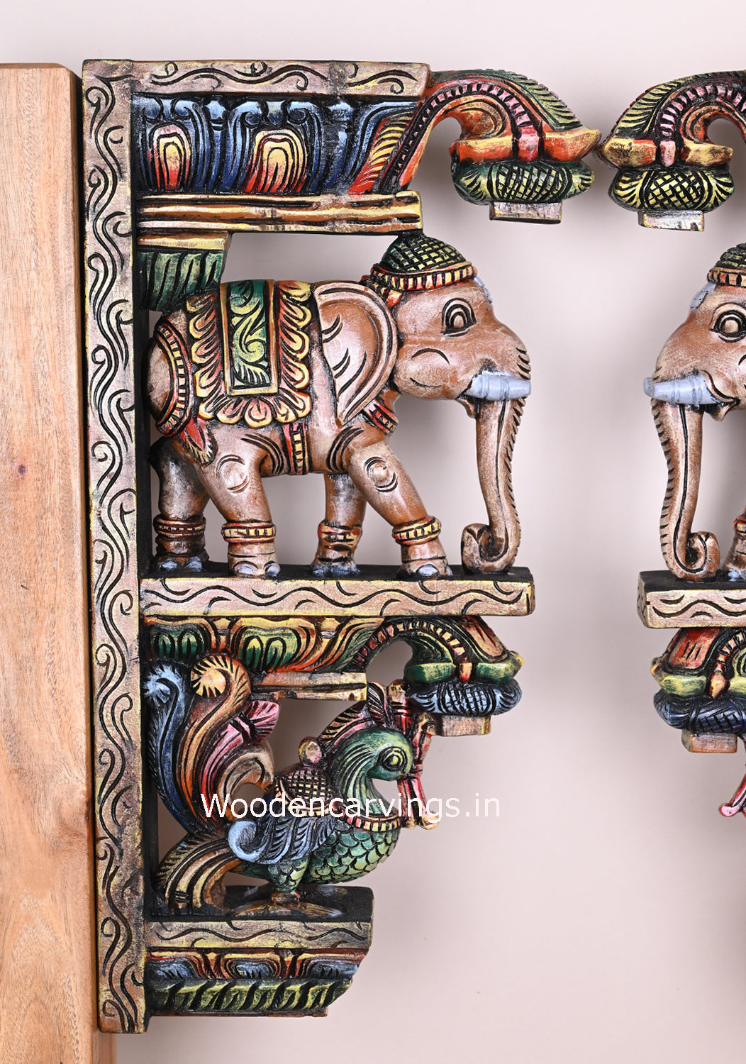 Colourful Handmade Lengthy Trunk Standing Paired Elephants on Base With Hamsa Bird Wooden Wall Brackets 24"