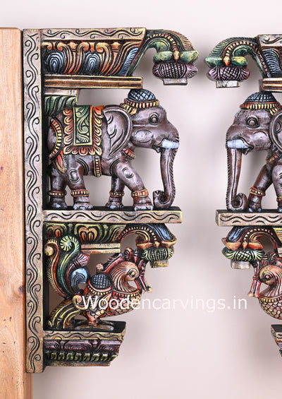 Great Art Work of Grey Elephants With Hamsa (Annapakshi) Bird Hooks Fixed Wooden Brackets 25"