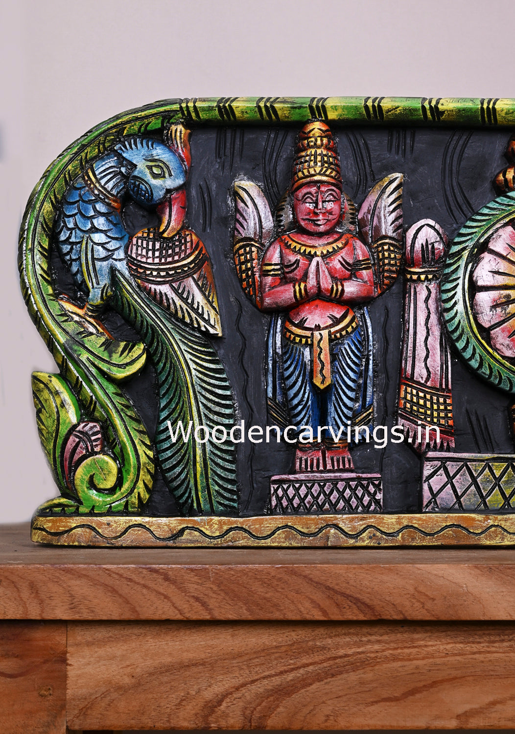 Peacock Design Reclining Lord Ranganathar With Lord garuda,and Hanuman Wooden Wall Panel 48"