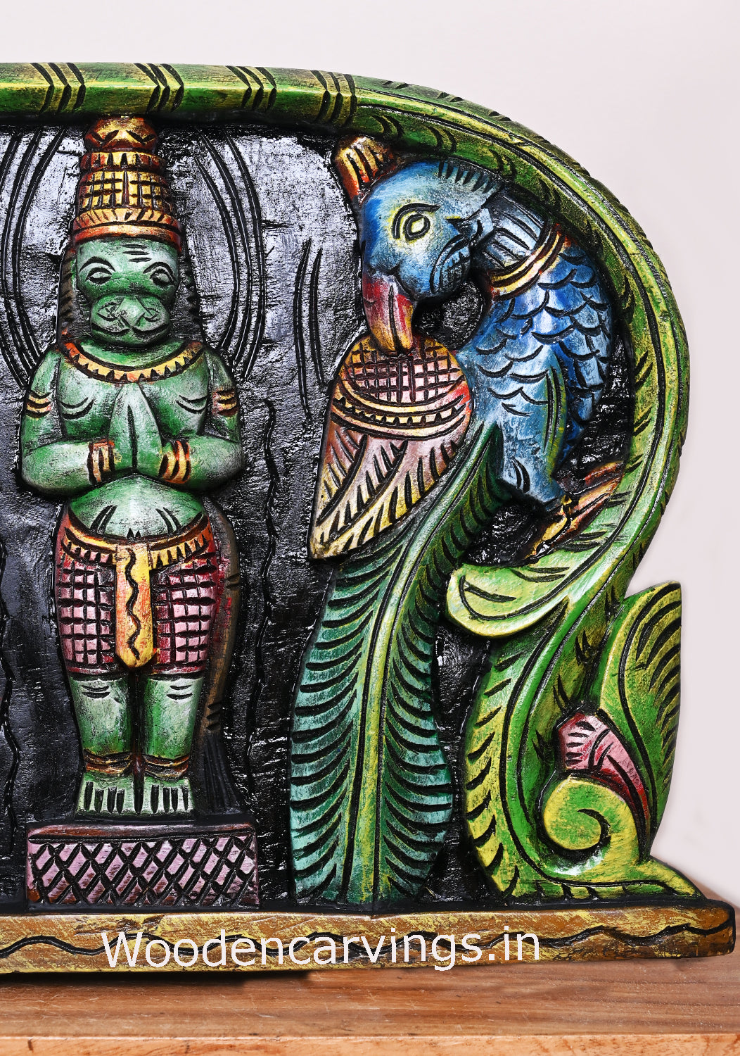 Peacock Design Reclining Lord Ranganathar With Lord garuda,and Hanuman Wooden Wall Panel 48"