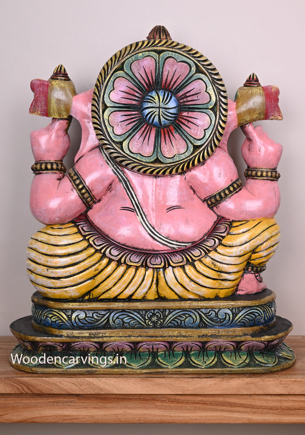 Beautiful Pink Ganapathi Differently Seated On Base and Holding Mango Multicoloured Wooden Sculpture 28"