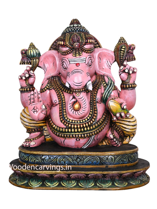 Beautiful Pink Ganapathi Wooden Sculpture Holding Mango - 28" Multicoloured
