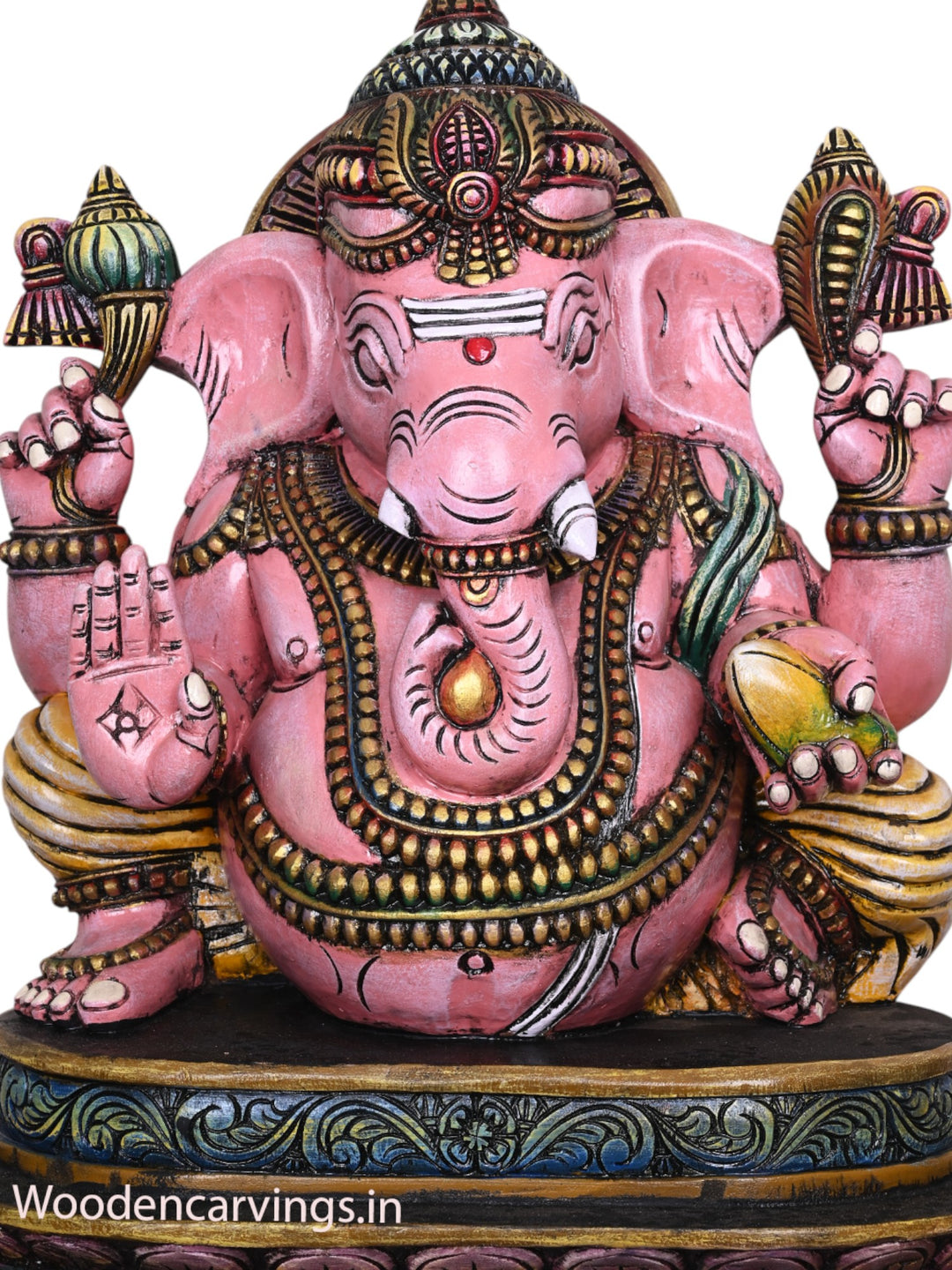 Beautiful Pink Ganapathi Wooden Sculpture Holding Mango - 28" Multicoloured