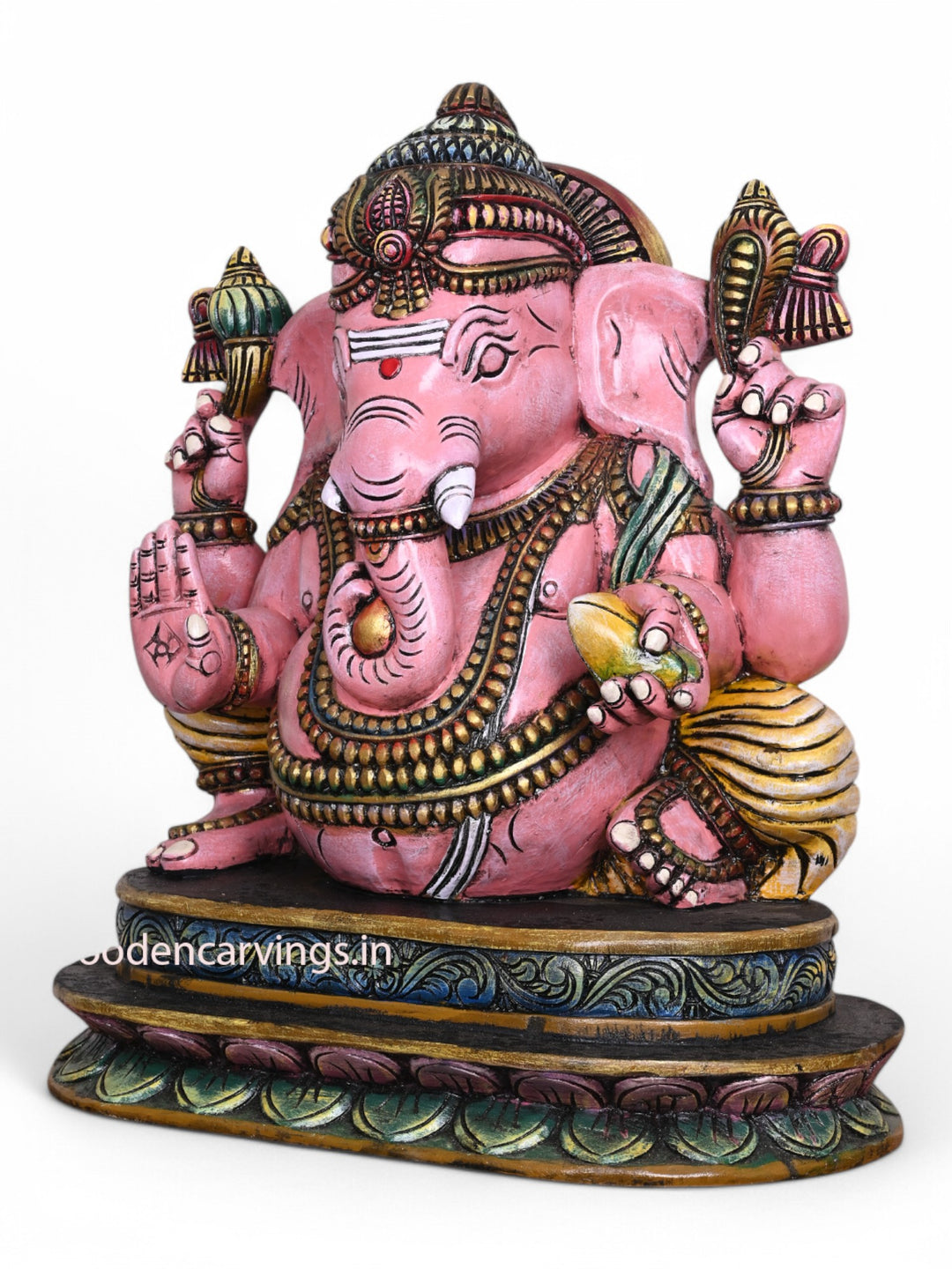 Beautiful Pink Ganapathi Wooden Sculpture Holding Mango - 28" Multicoloured