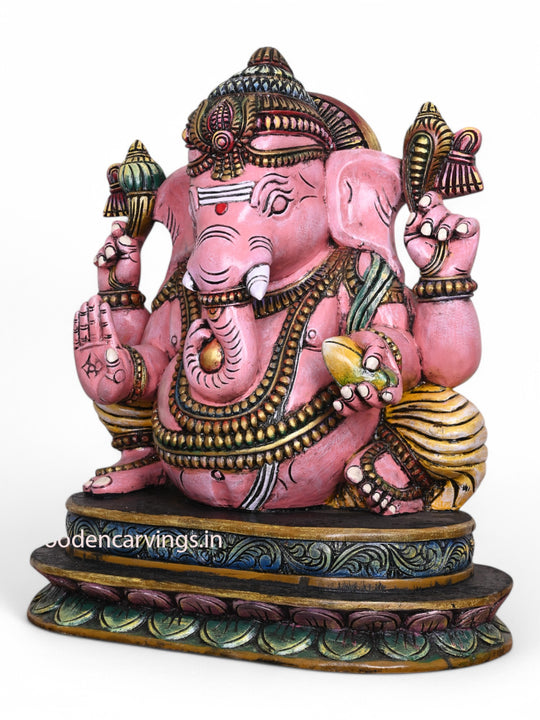 Beautiful Pink Ganapathi Wooden Sculpture Holding Mango - 28" Multicoloured