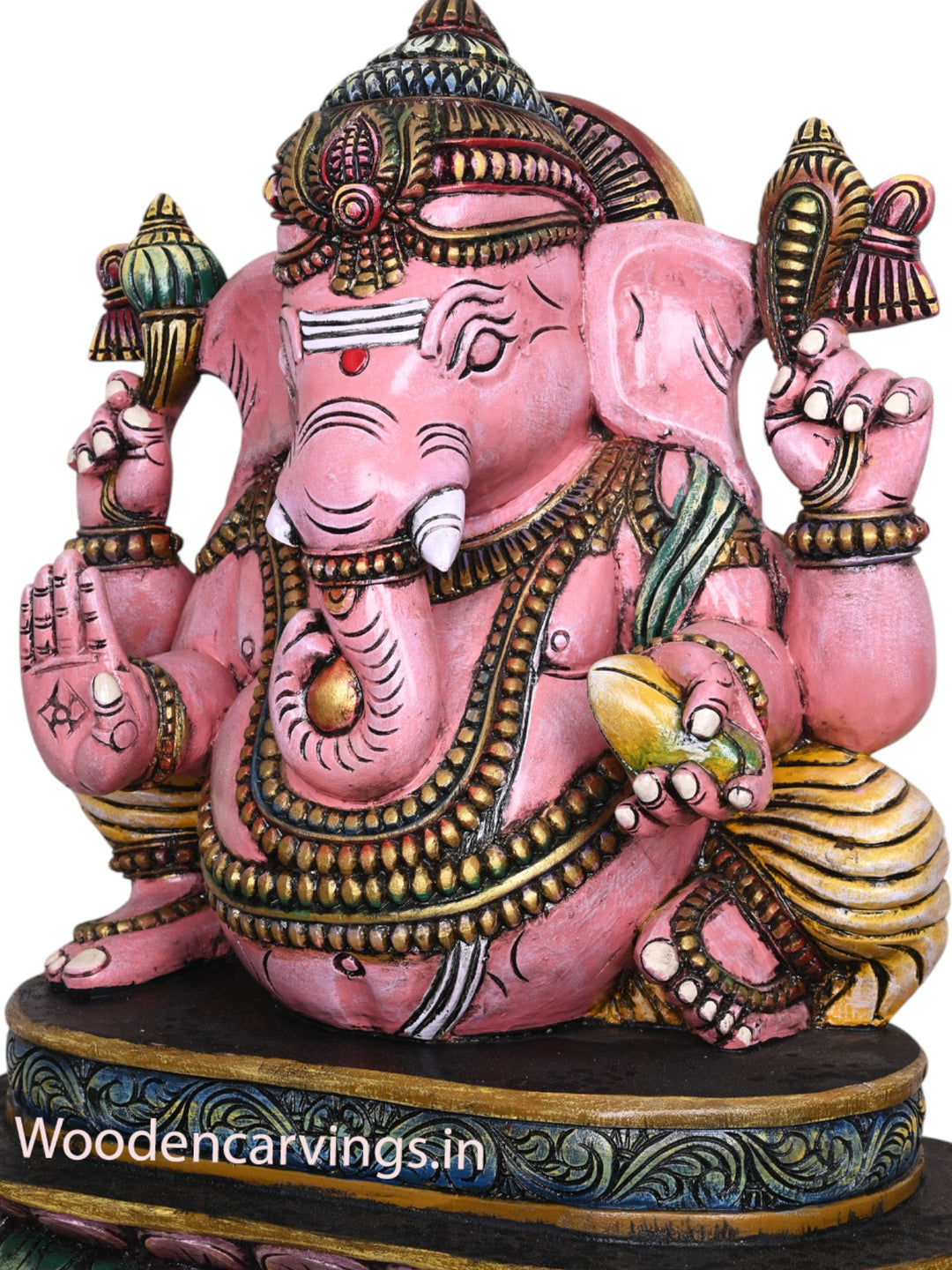 Beautiful Pink Ganapathi Wooden Sculpture Holding Mango - 28" Multicoloured