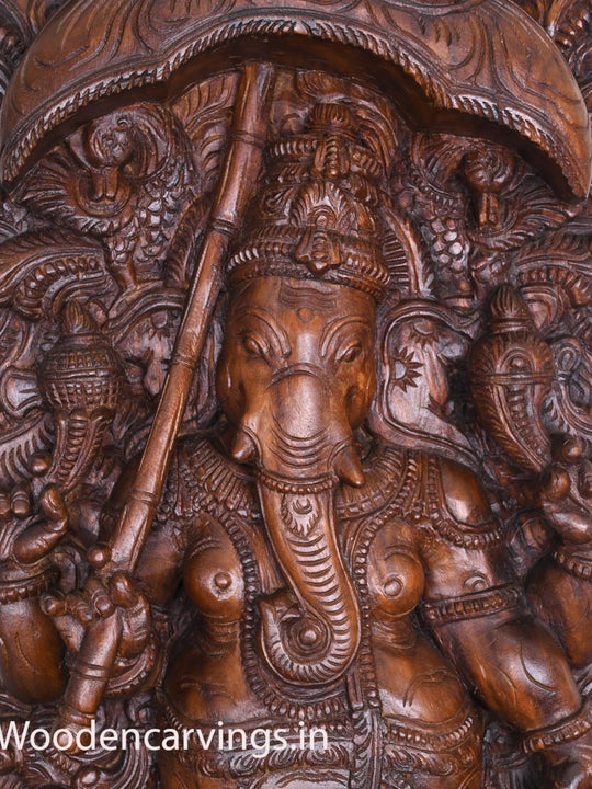 Standing Murthi Ganesha on Double Petal Lotus Holding Umbrella and Kamandalam Peacock Designed Jali Work 60"