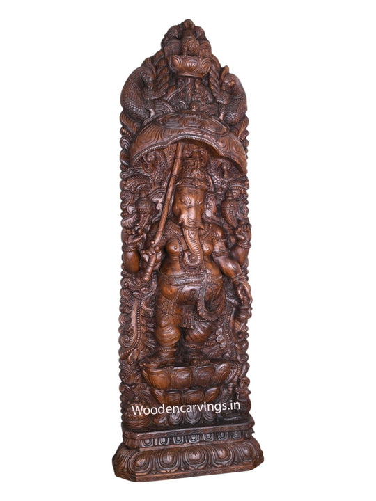 Standing Murthi Ganesha on Double Petal Lotus Holding Umbrella and Kamandalam Peacock Designed Jali Work 60"
