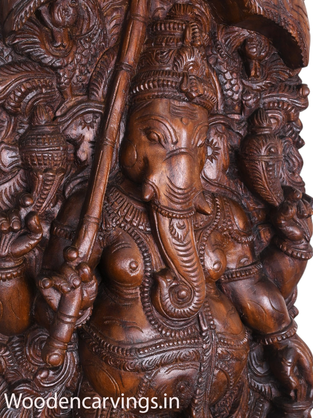 Standing Murthi Ganesha on Double Petal Lotus Holding Umbrella and Kamandalam Peacock Designed Jali Work 60"