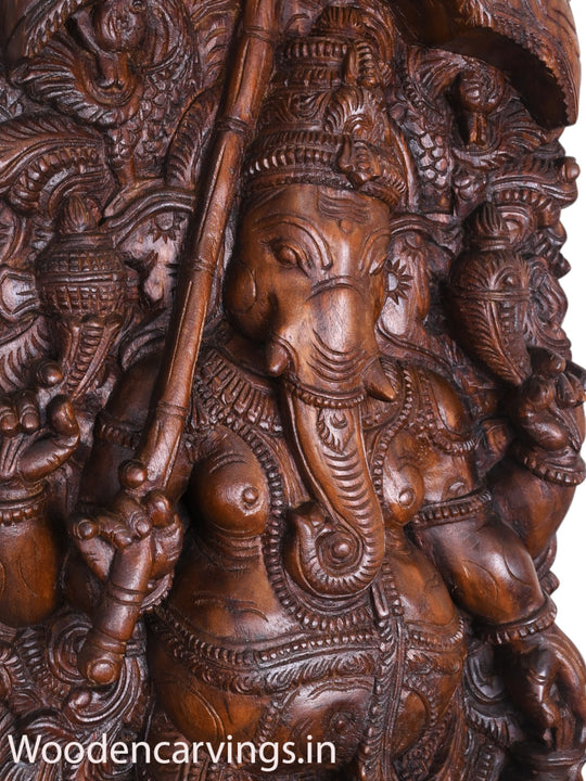 Standing Murthi Ganesha on Double Petal Lotus Holding Umbrella and Kamandalam Peacock Designed Jali Work 60"