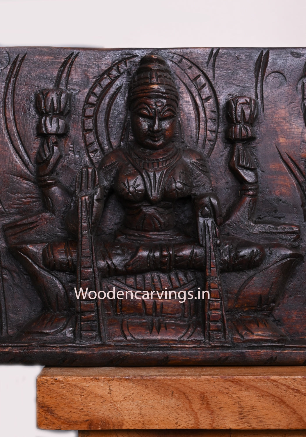 Horizontal Gaja Ganesha With Goddess MahaLakshmi and Saraswathi Devi Wooden Handmade Wall Panel 54"