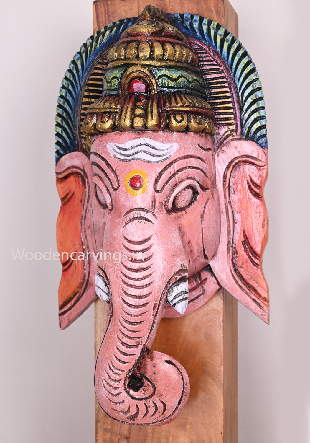 Coloured Lord Ganesha Lengthy Trunk Decorative Handmade Hooks Fixed Wooden Mask For Home Entrance 13"