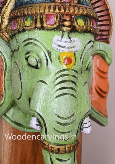 Light Green Lord Ganesha Entrance Decor Hooks Fixed Handmade Vaagai Wood Wooden Mask 13"