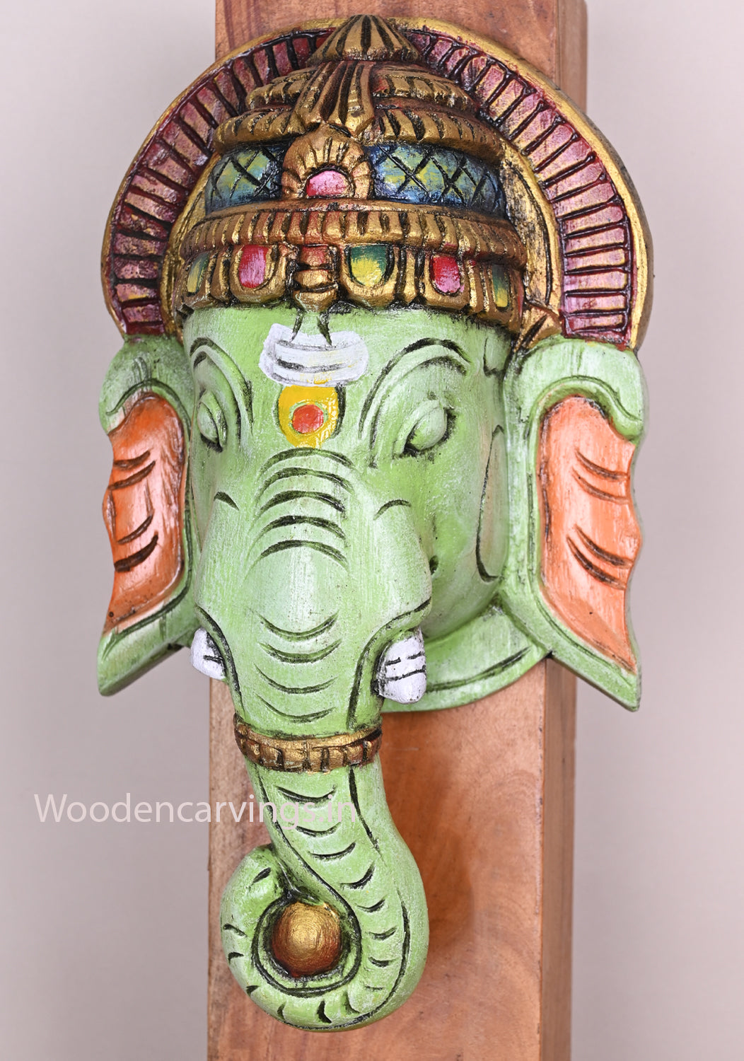 Light Green Lord Ganesha Entrance Decor Hooks Fixed Handmade Vaagai Wood Wooden Mask 13"