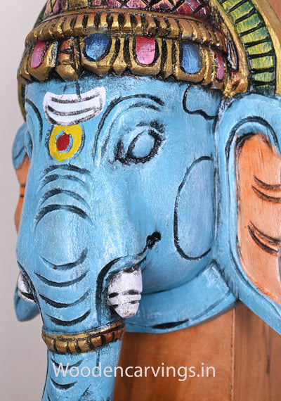 Stunning Sky Blue Ganapathi Hooks Fixed Light Weight Handmade Entrance Decor Wooden Wall Mount 13"