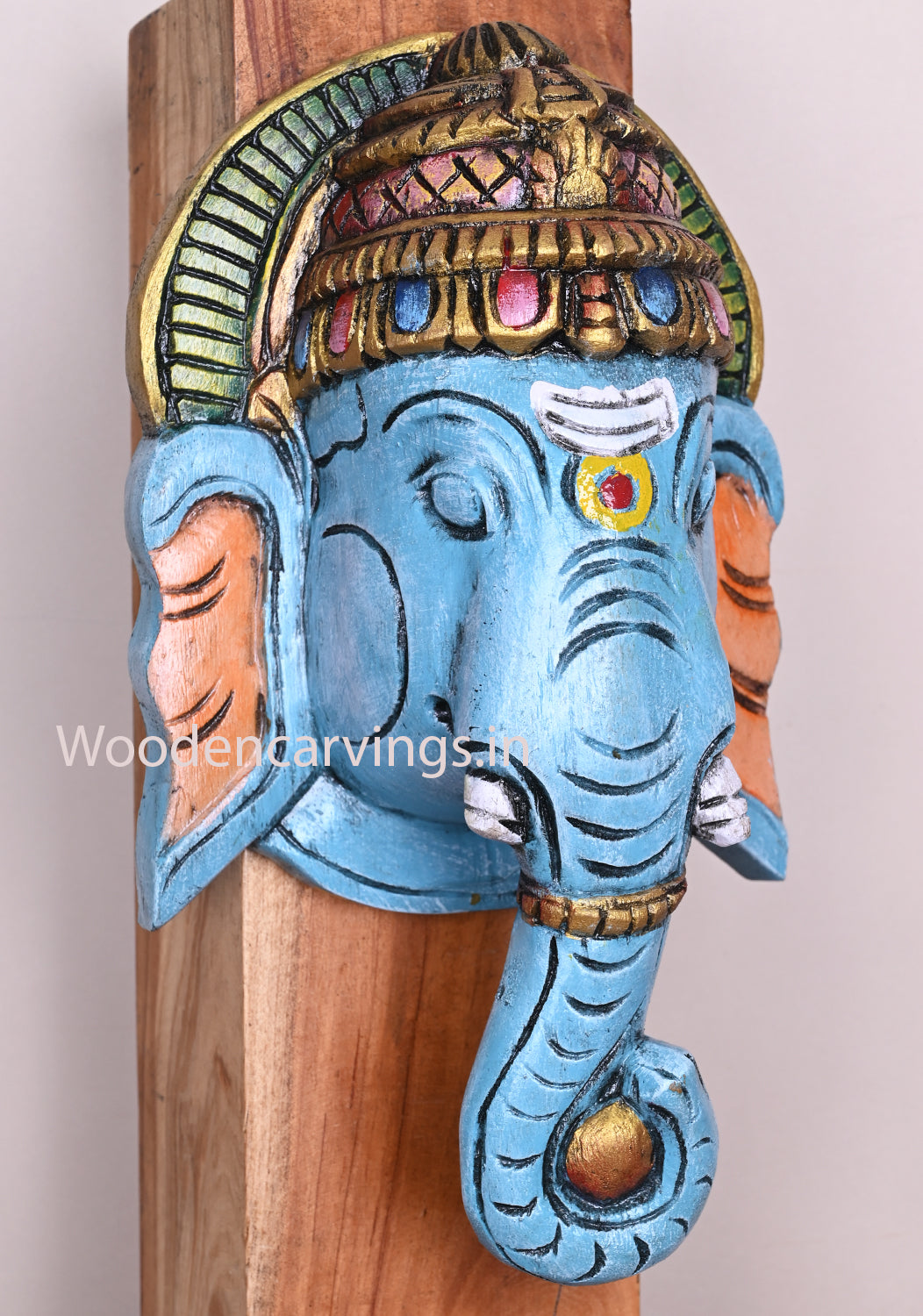 Stunning Sky Blue Ganapathi Hooks Fixed Light Weight Handmade Entrance Decor Wooden Wall Mount 13"
