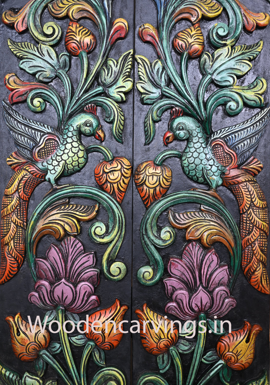 Vertical Entrance Decor Standing Peacocks on Floral Leafs Wooden Multicoloured Decorative Handmade Wall Panel 73"