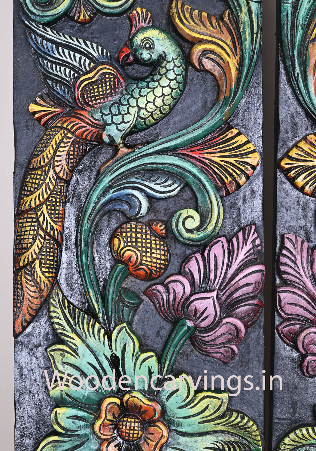 Vertical Entrance Decor Standing Peacocks on Floral Leafs Wooden Multicoloured Decorative Handmade Wall Panel 73"