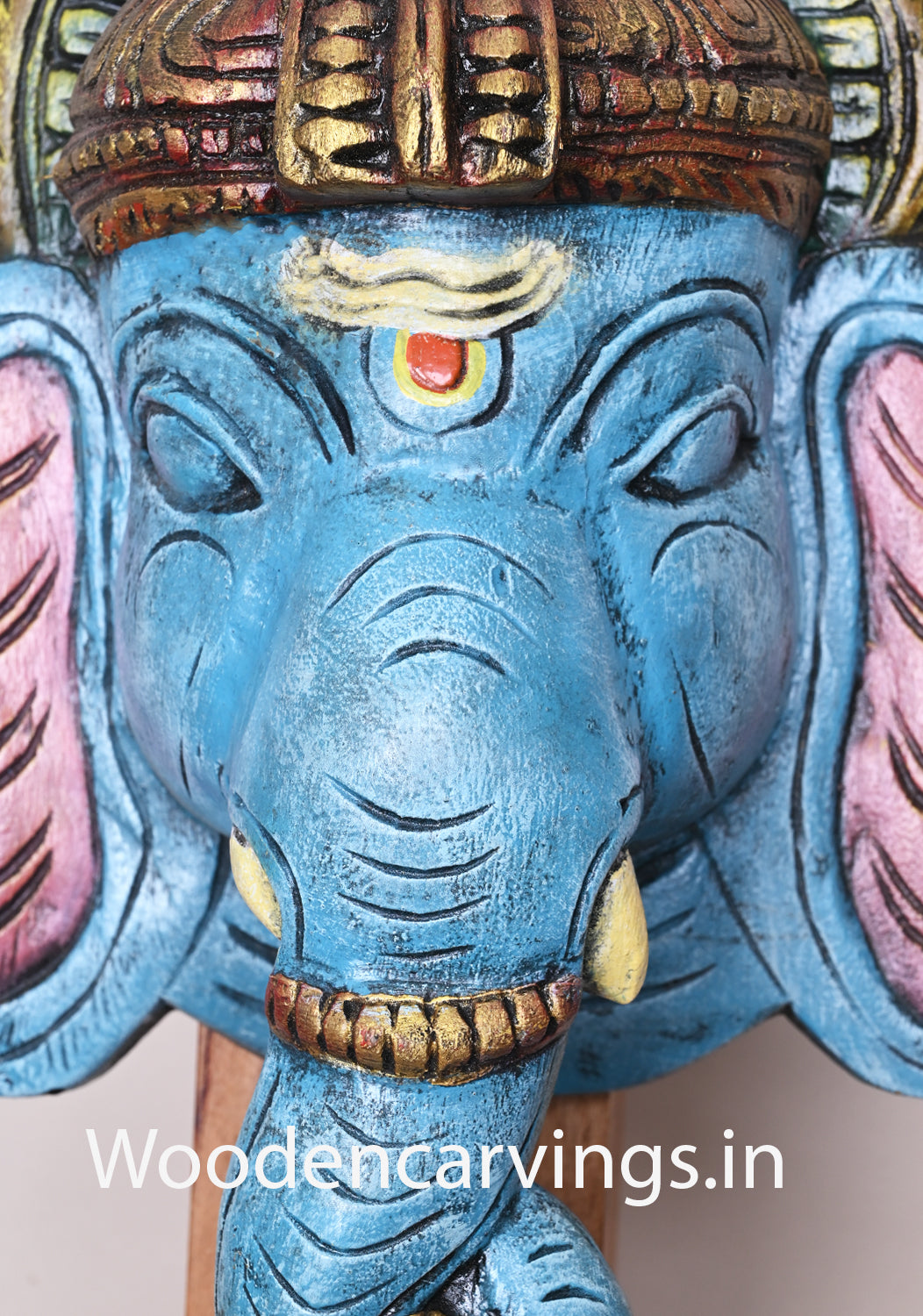 Sky Blue Beauty Lord Ganapathi Light Weight Handmade Wooden Hooks Fixed Mask For Your Beautiful Entrances 16"