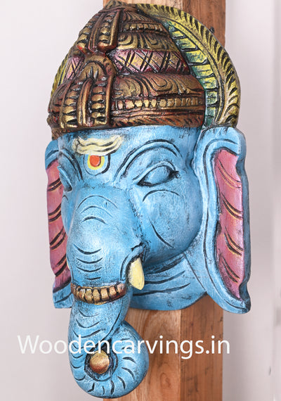Sky Blue Beauty Lord Ganapathi Light Weight Handmade Wooden Hooks Fixed Mask For Your Beautiful Entrances 16"