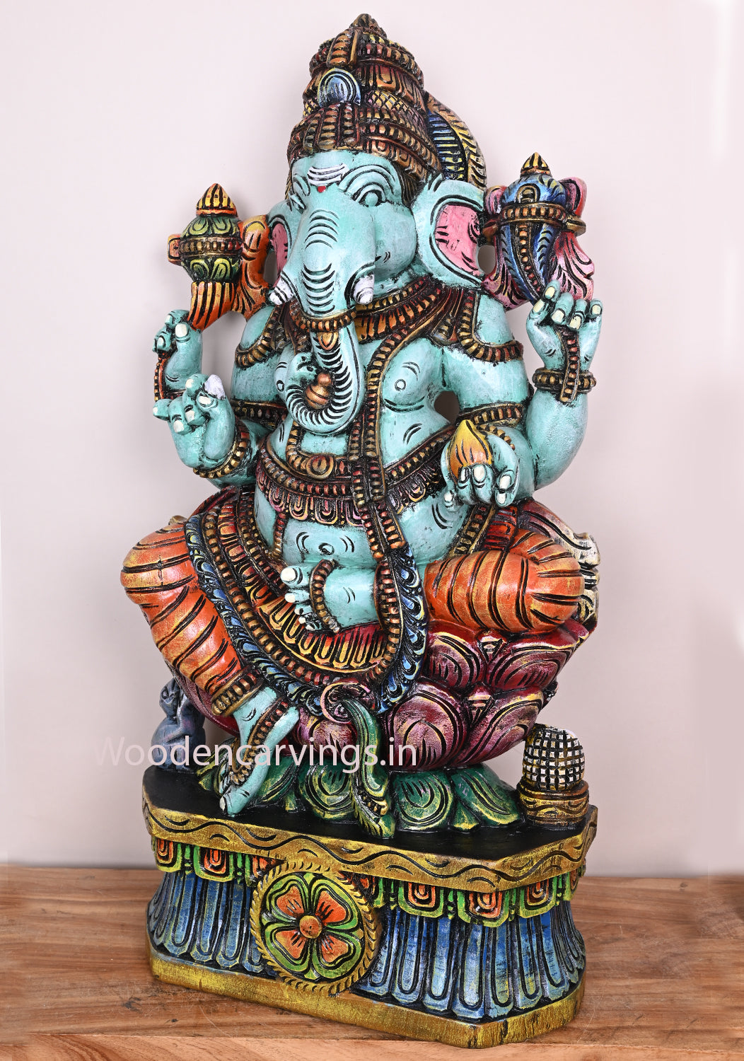 Green Ganapathi Holding Mothak On Double Petal Lotus Wooden Handmade Colourful Sculpture 36"