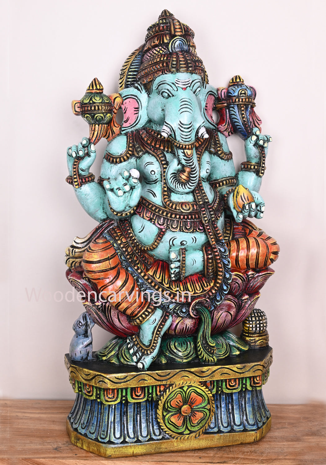 Green Ganapathi Holding Mothak On Double Petal Lotus Wooden Handmade Colourful Sculpture 36"