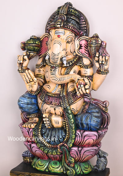 Blessing Ganapathi Eating Tastiest Mango on Double Petal Pink Lotus Pooja Room Decor Wooden Sculpture 37"