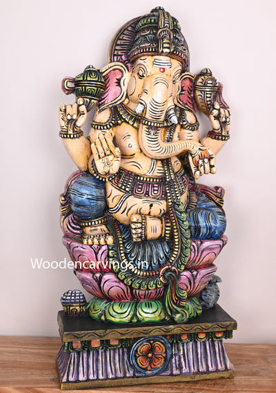Blessing Ganapathi Eating Tastiest Mango on Double Petal Pink Lotus Pooja Room Decor Wooden Sculpture 37"