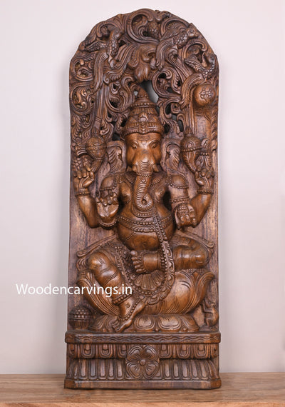 Jali Work of Wooden Lord Ganapathi Seated on Lotus Jali Work Handmade Wax Brown Wall Mount 36"